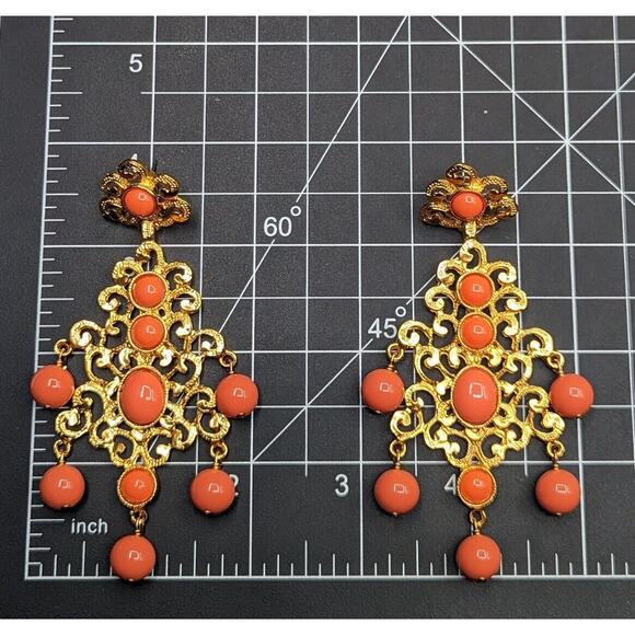 Kenneth Jay Lane KJL Couture Chandelier Statement Runway Orange Gold Earrings - Picture 2 of 9